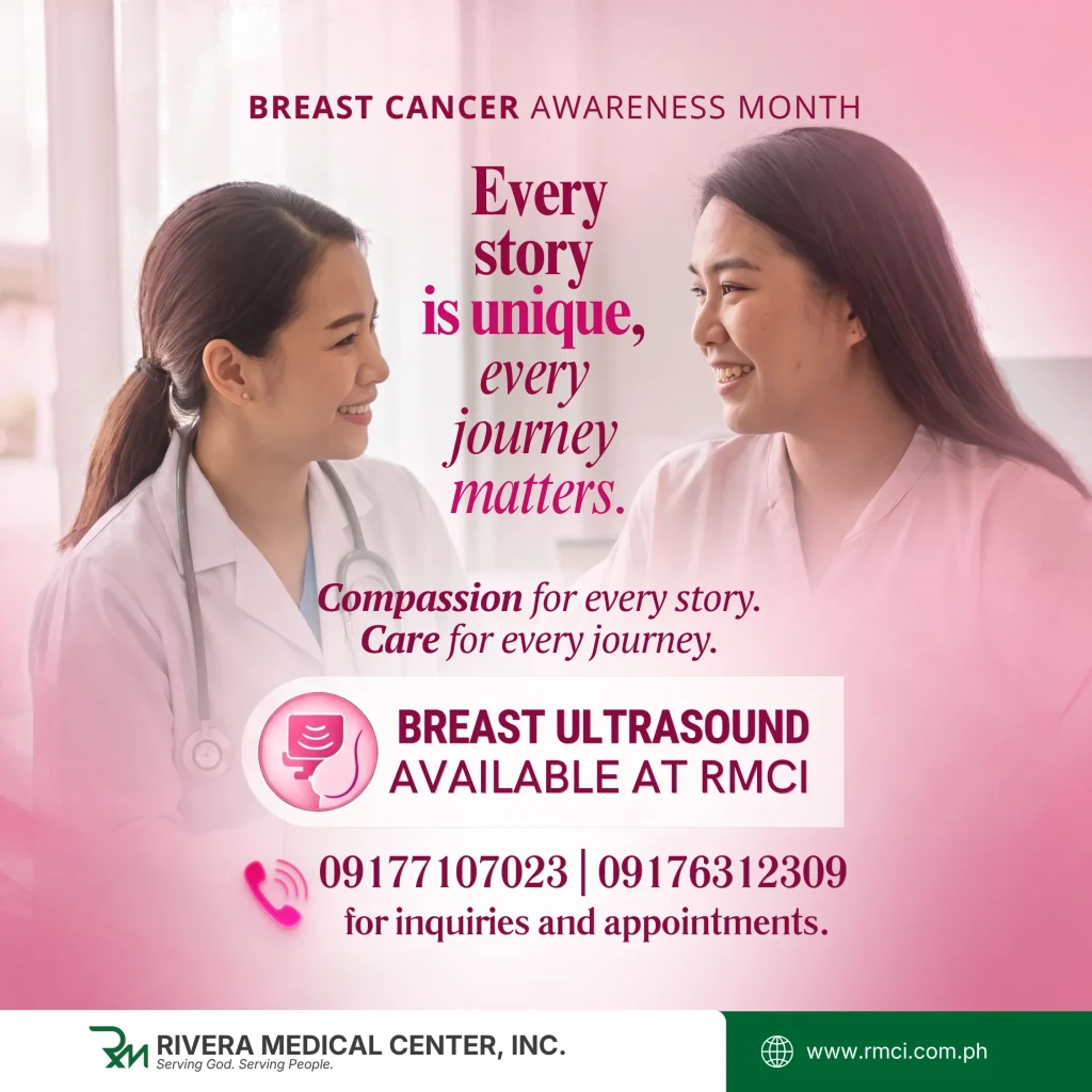 An ad about breast cancer prevention, featuring breast ultrasound services and contact numbers to women's health specialists from Rivera Medical Center.