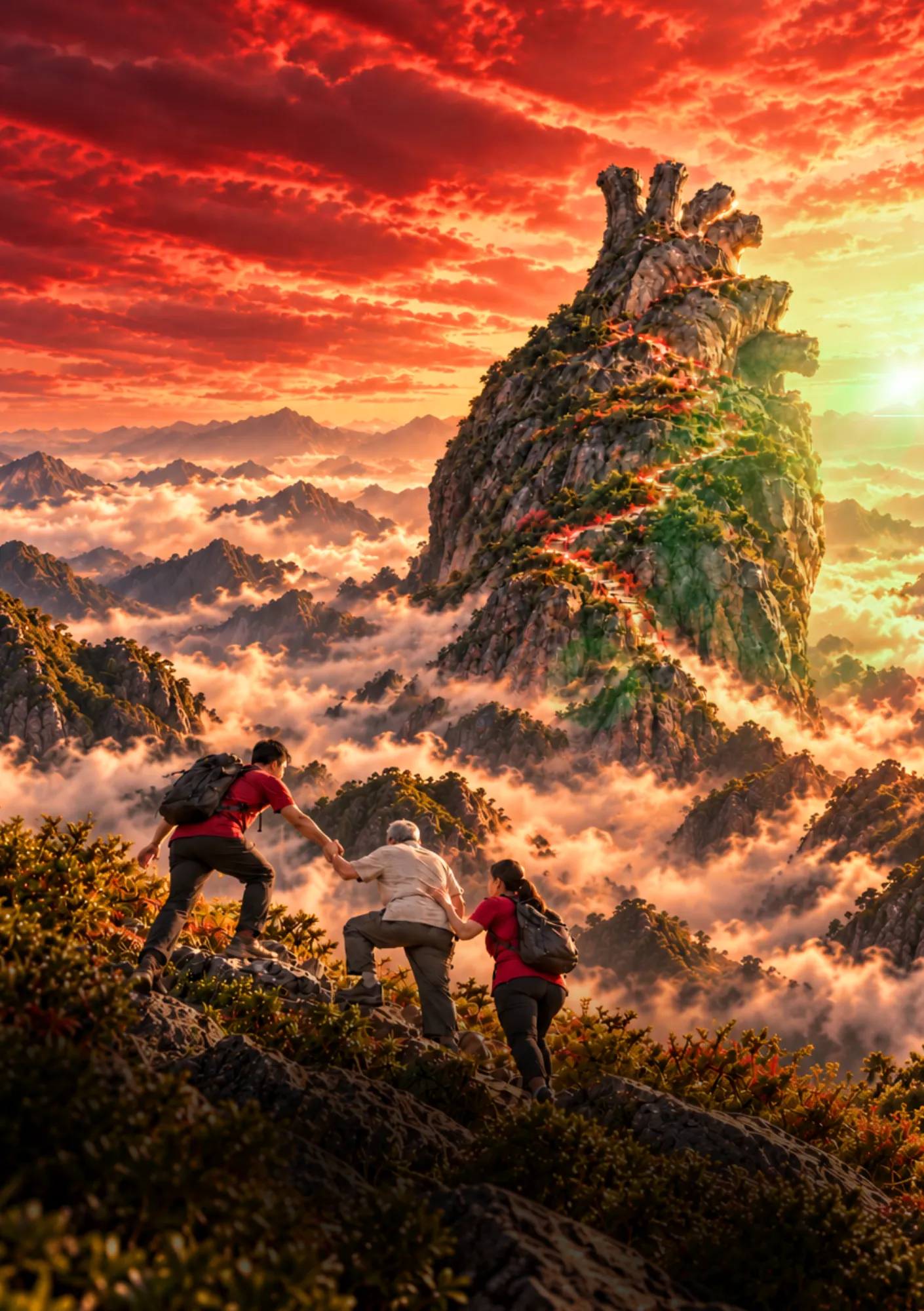 Three climbers helping one another beneath a heart-shaped mountain